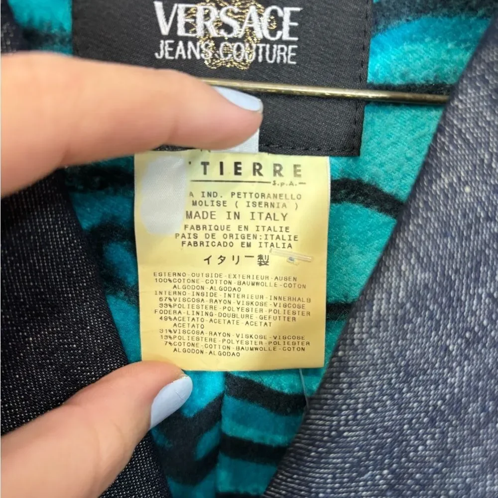 Versace Jeans Couture Y2K vintage Dark Denim trench Jacket with Teal zebraLining